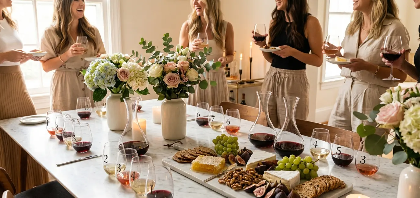 chic blind wine tasting party cheese board with brie honeycomb grapes walnuts figs surrounded by numbered wine glasses on marble table