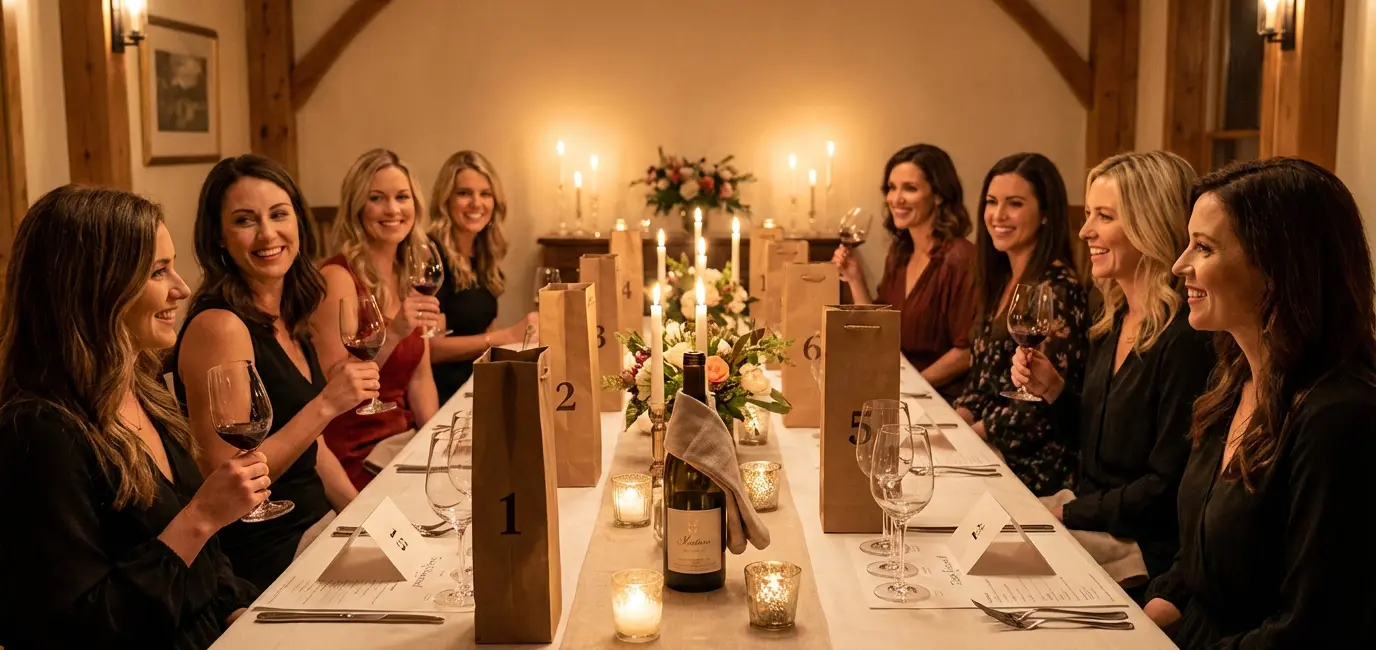 blind wine tasting party ideas for women - elegant table with numbered paper-wrapped glasses scorecards and candles