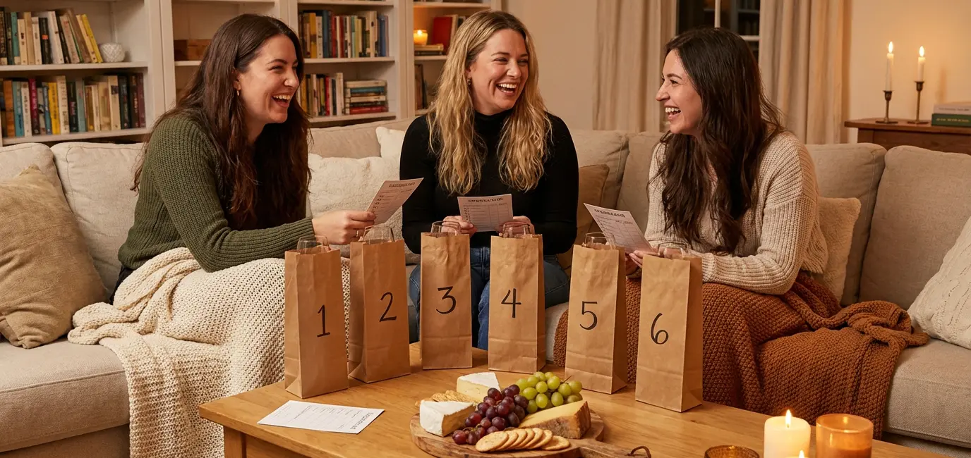 women friends laughing at a blind wine tasting night in with numbered glasses scorecards and cheese board