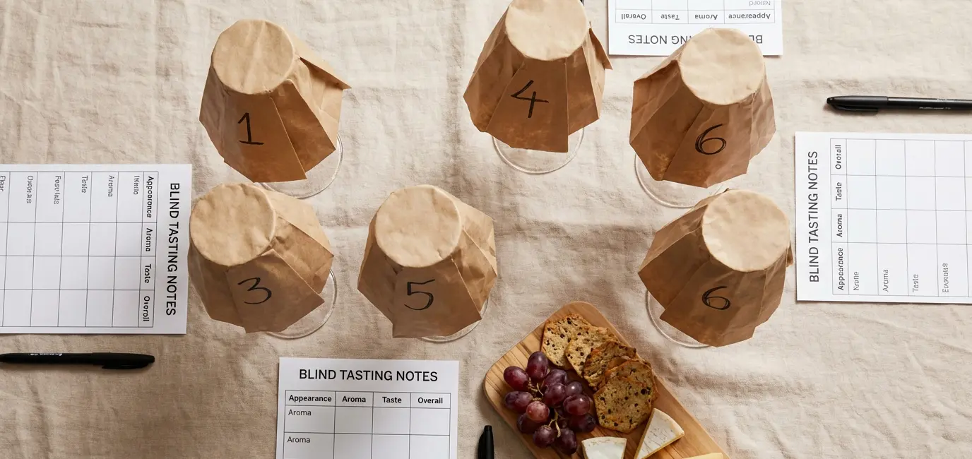 blind wine tasting party supplies flatlay with numbered paper bags over glasses scorecards pens and cheese board