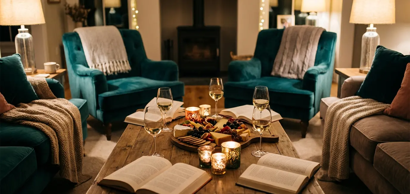 book club wine pairings by genre - cozy night with open books wine glasses and charcuterie board