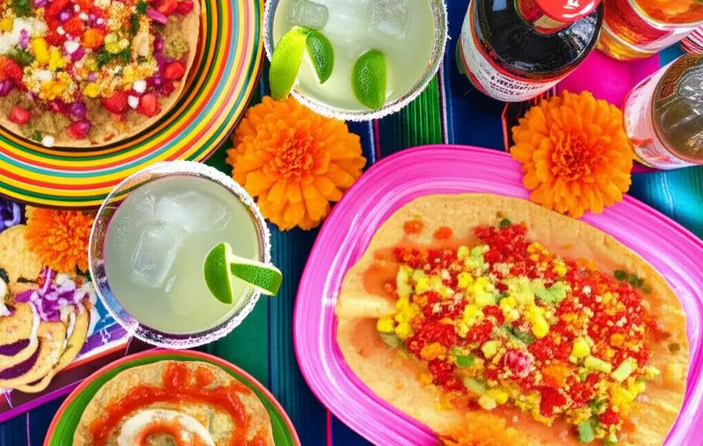festive Cinco de Mayo Mexican dinner table with wine and marigolds
