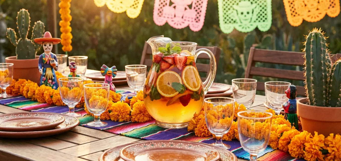 Cinco de Mayo wine cocktails with colorful sangria pitcher and festive marigold table decor
