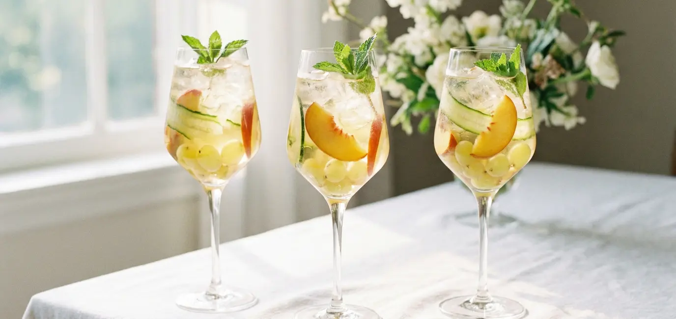 white wine sangria with peaches and sparkling wine for Cinco de Mayo party