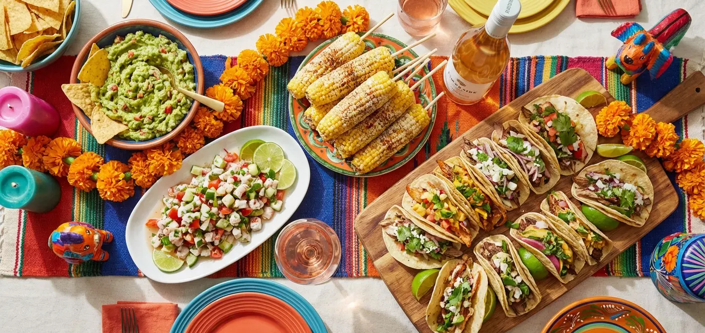 wine and food pairing for Cinco de Mayo with guacamole ceviche and tacos