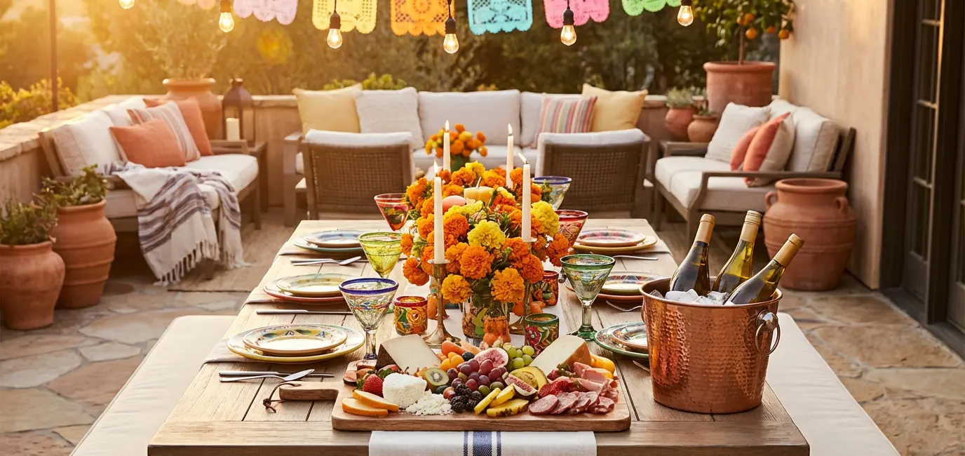 Cinco de Mayo wine party setup at home with ice bucket papel picado lights