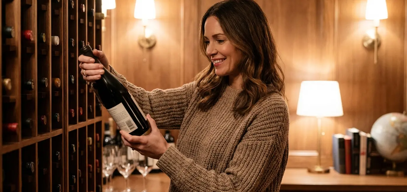 confident woman reading wine label and selecting bottle from home wine bar