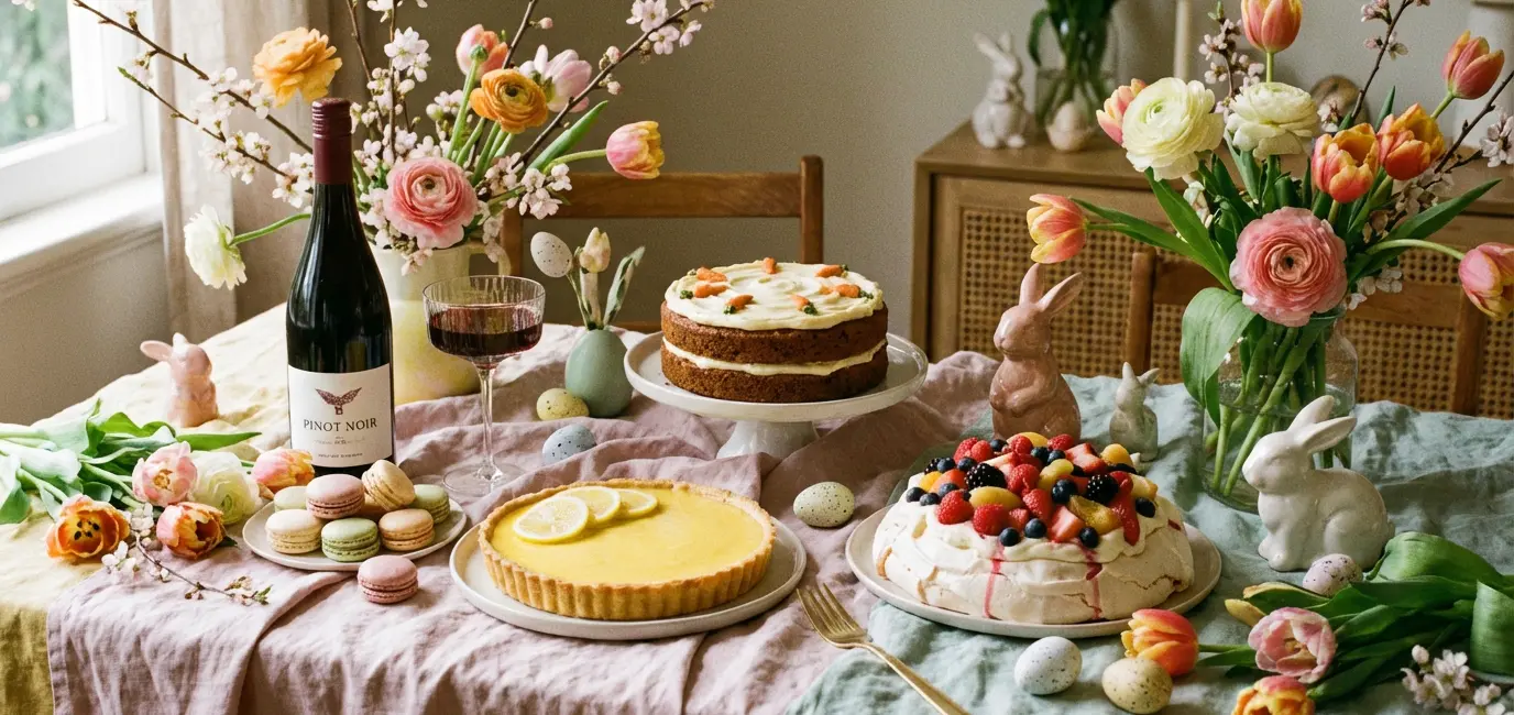 pinot noir with Easter desserts including carrot cake and pavlova