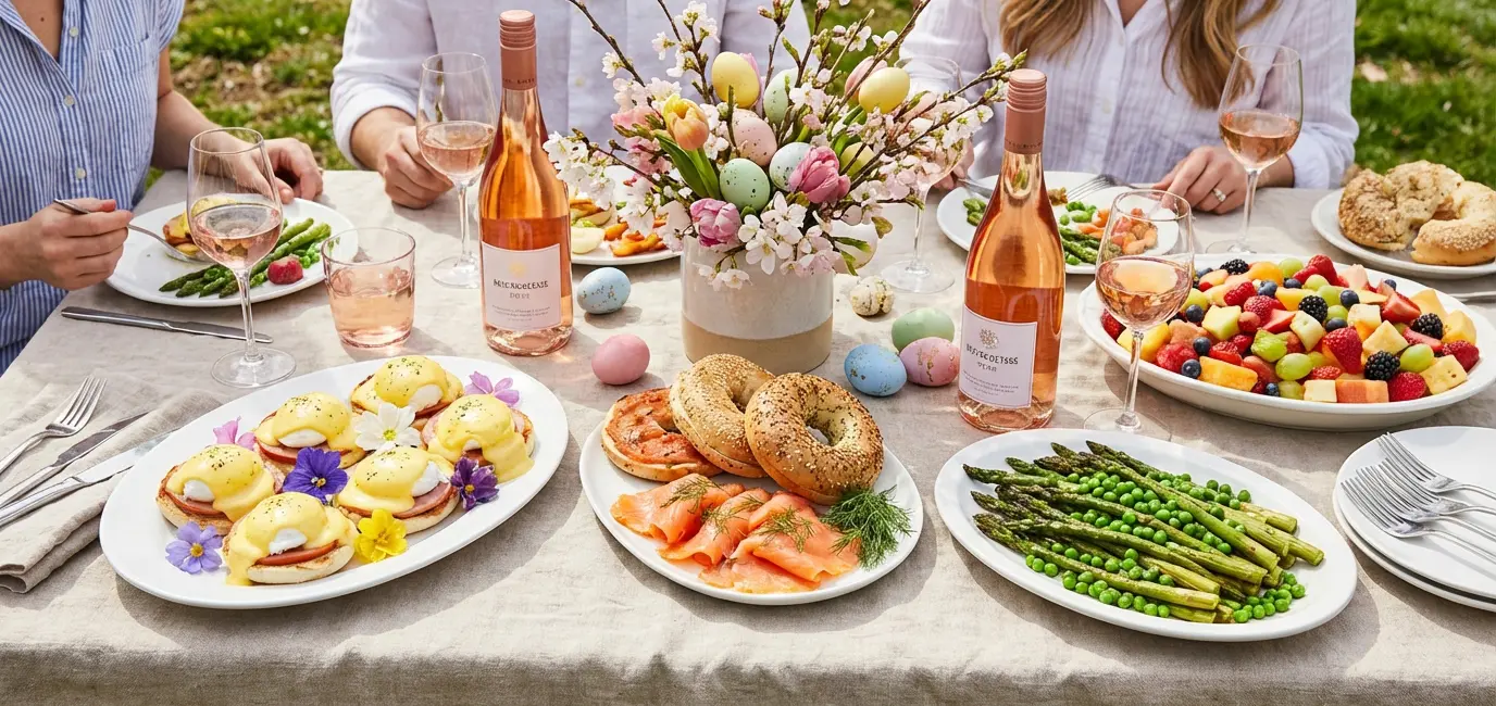 easter brunch food spread with rosé wine pairing and spring flowers