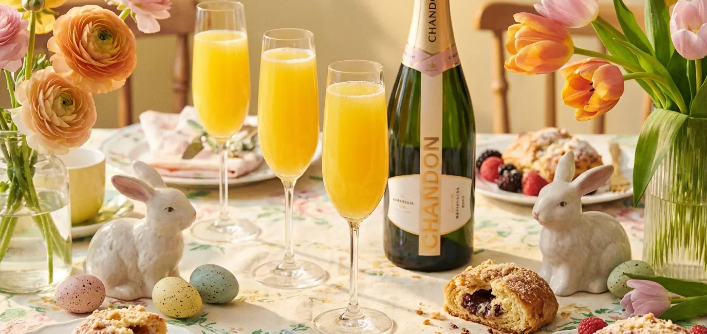 mimosas and sparkling wine for Easter brunch with pastel spring decor