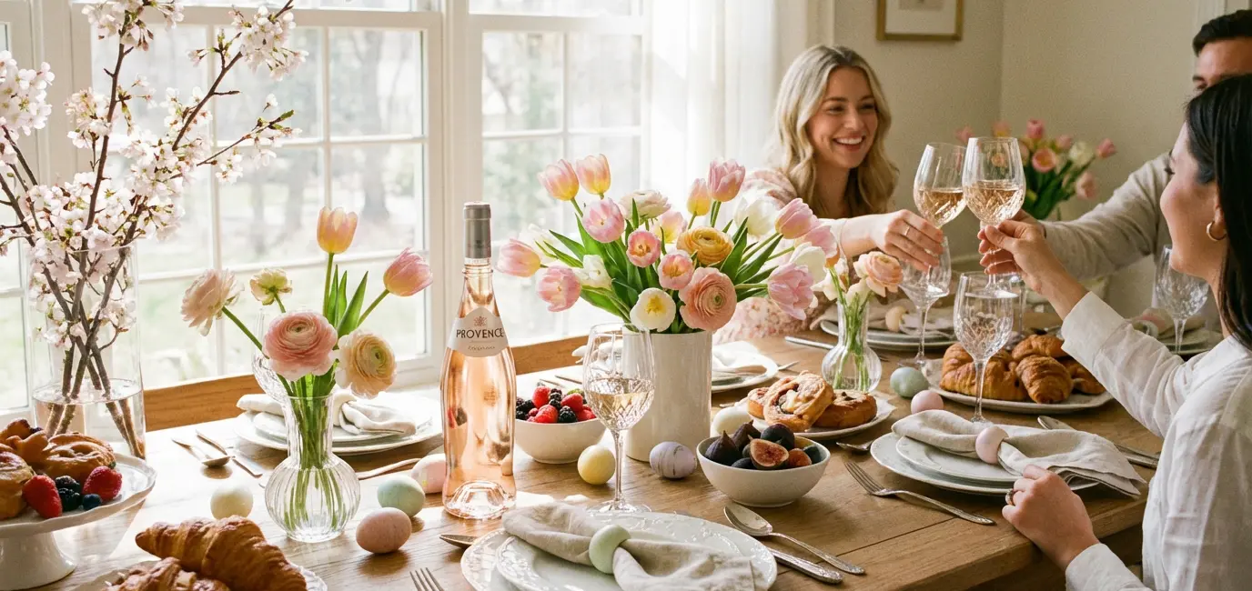 easter brunch wine pairings elegant table with roses and sparkling wine