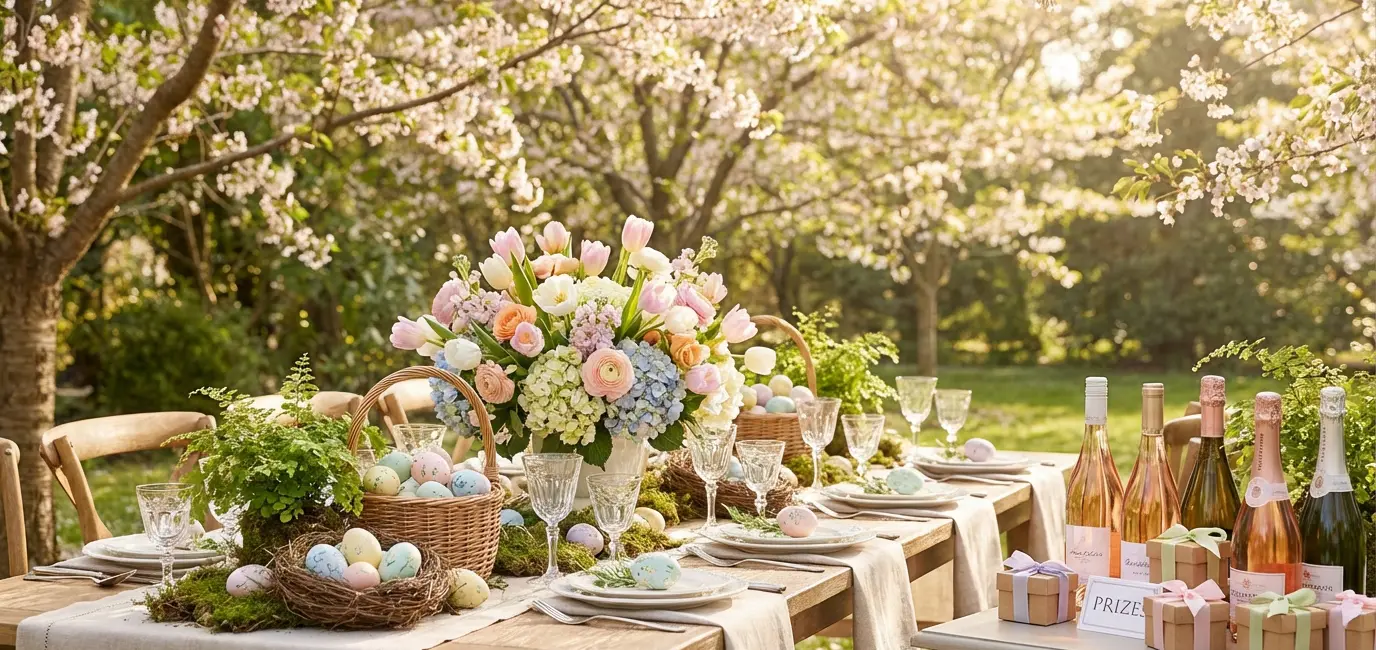 elegant adult Easter egg hunt setup with pastel eggs among spring blooms and wine bottles as prizes