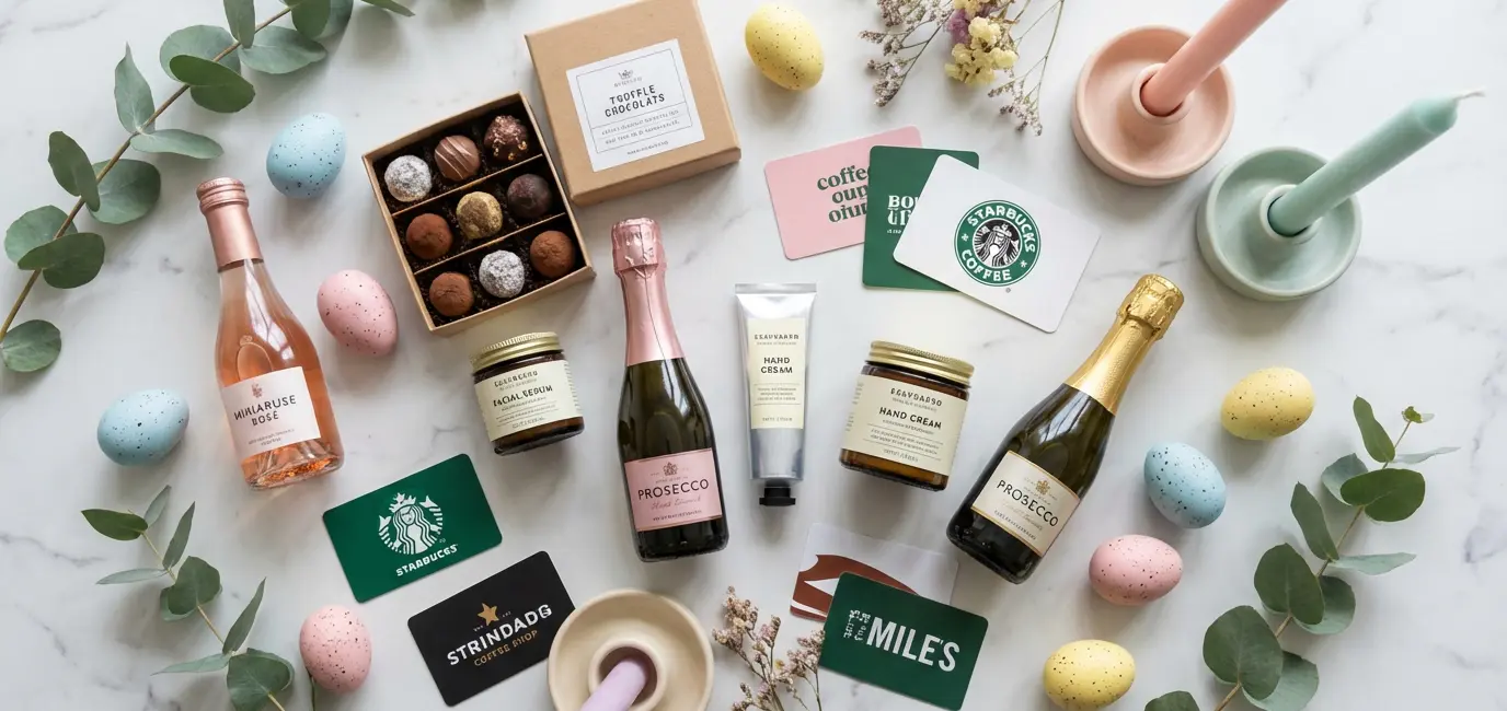 adult Easter egg hunt prize ideas flat lay with wine bottles chocolates skincare and spring candles