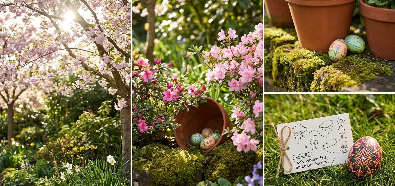 outdoor adult Easter egg hunt setup with clue card and decorated egg hidden in spring garden