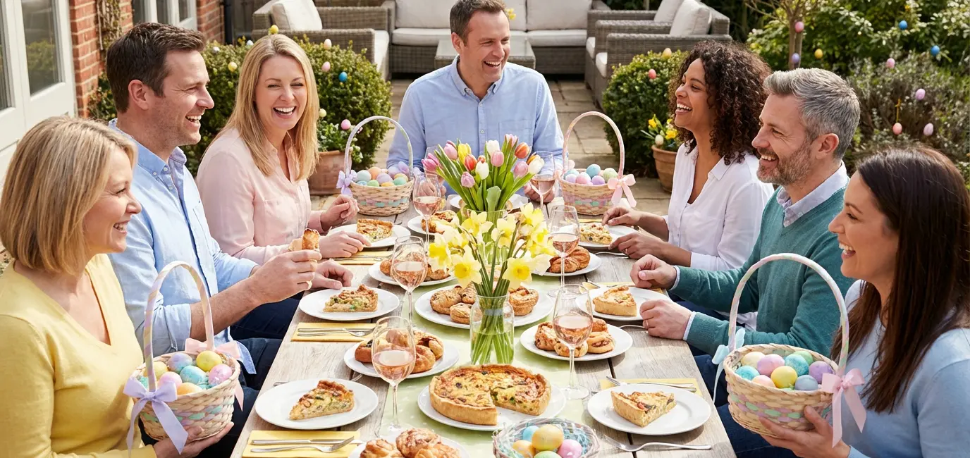 adult Easter brunch party with egg hunt baskets rose wine glasses spring flowers and colorful eggs