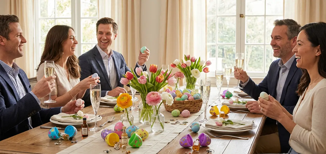 boozy Easter egg hunt theme for adults with mini liquor bottles champagne flutes and spring flowers