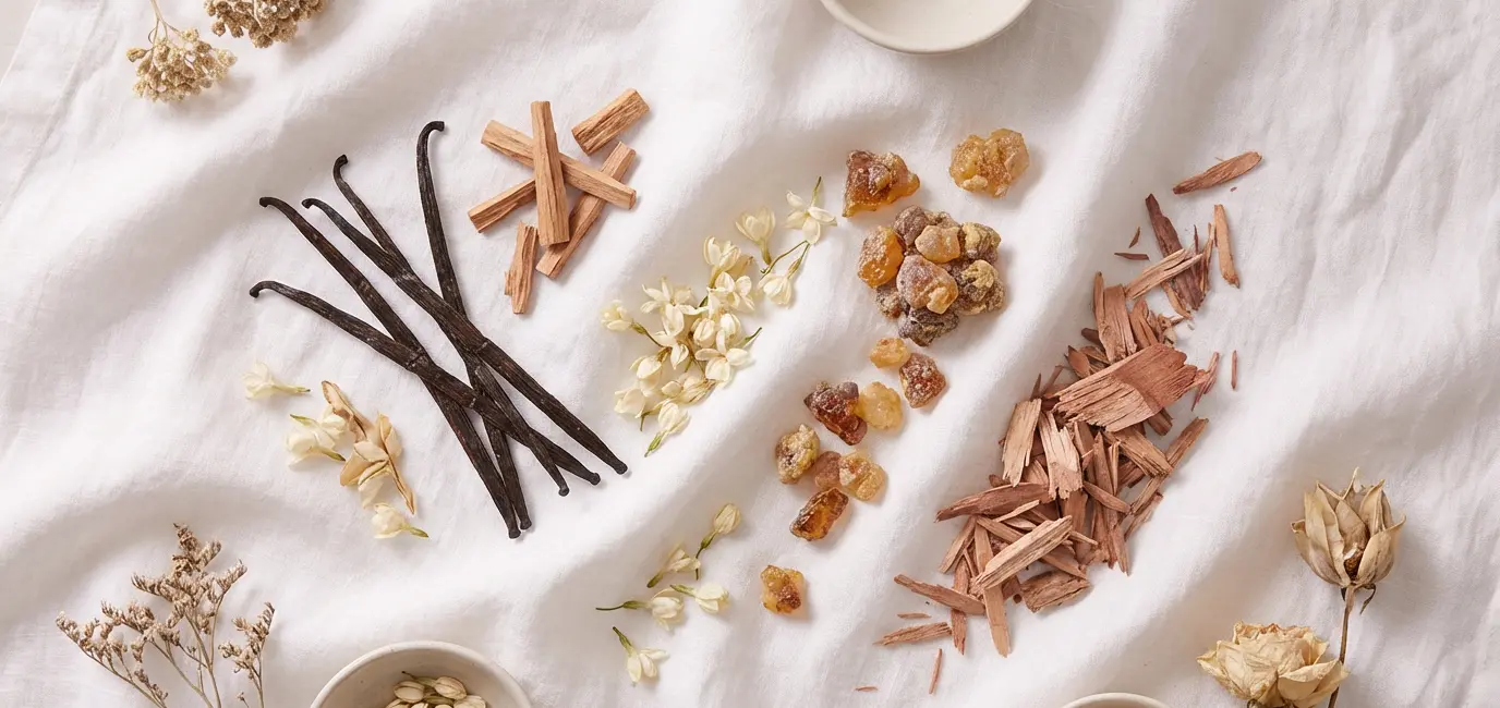 fragrance notes ingredients vanilla pods jasmine flowers amber sandalwood flat lay