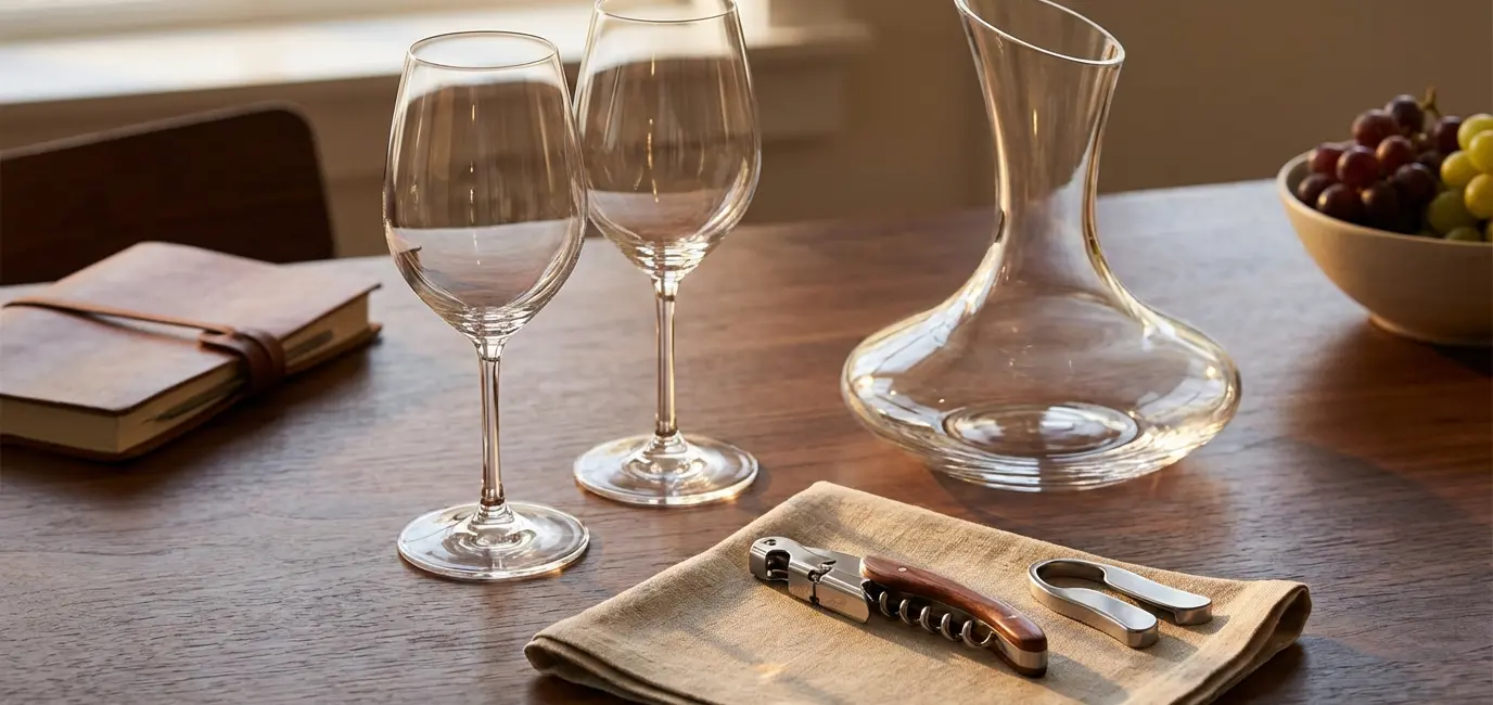 wine accessories gifts including crystal wine glasses decanter sommelier corkscrew on dark wood surface