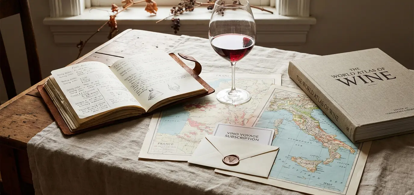 wine education gifts including leather tasting journal wine atlas book maps and glass of Pinot Noir