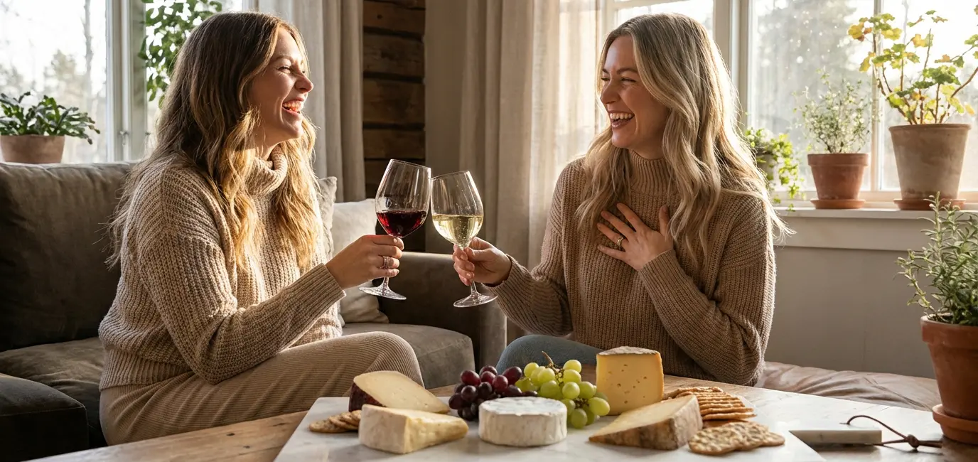 wine experience gift for women friends enjoying home wine tasting with crystal glasses red and white wine on marble board