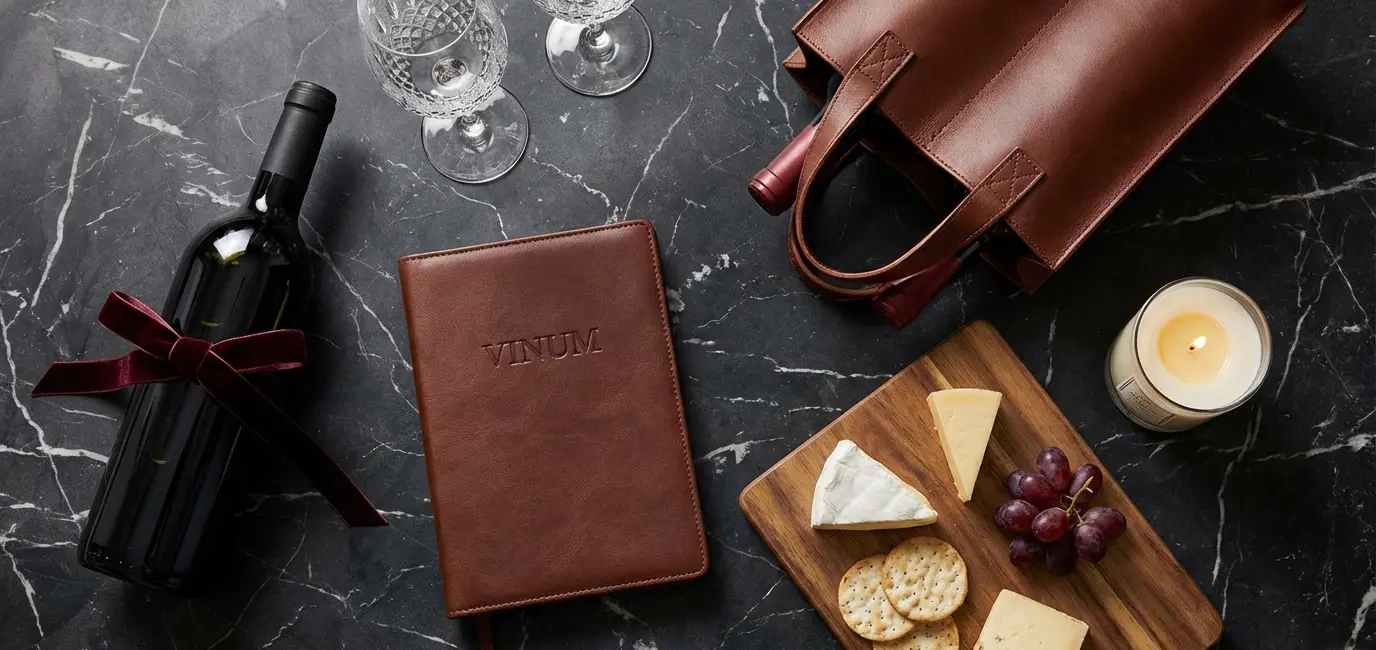 best gifts for wine lovers flatlay with wine bottle crystal glasses journal cheese board and candle on marble