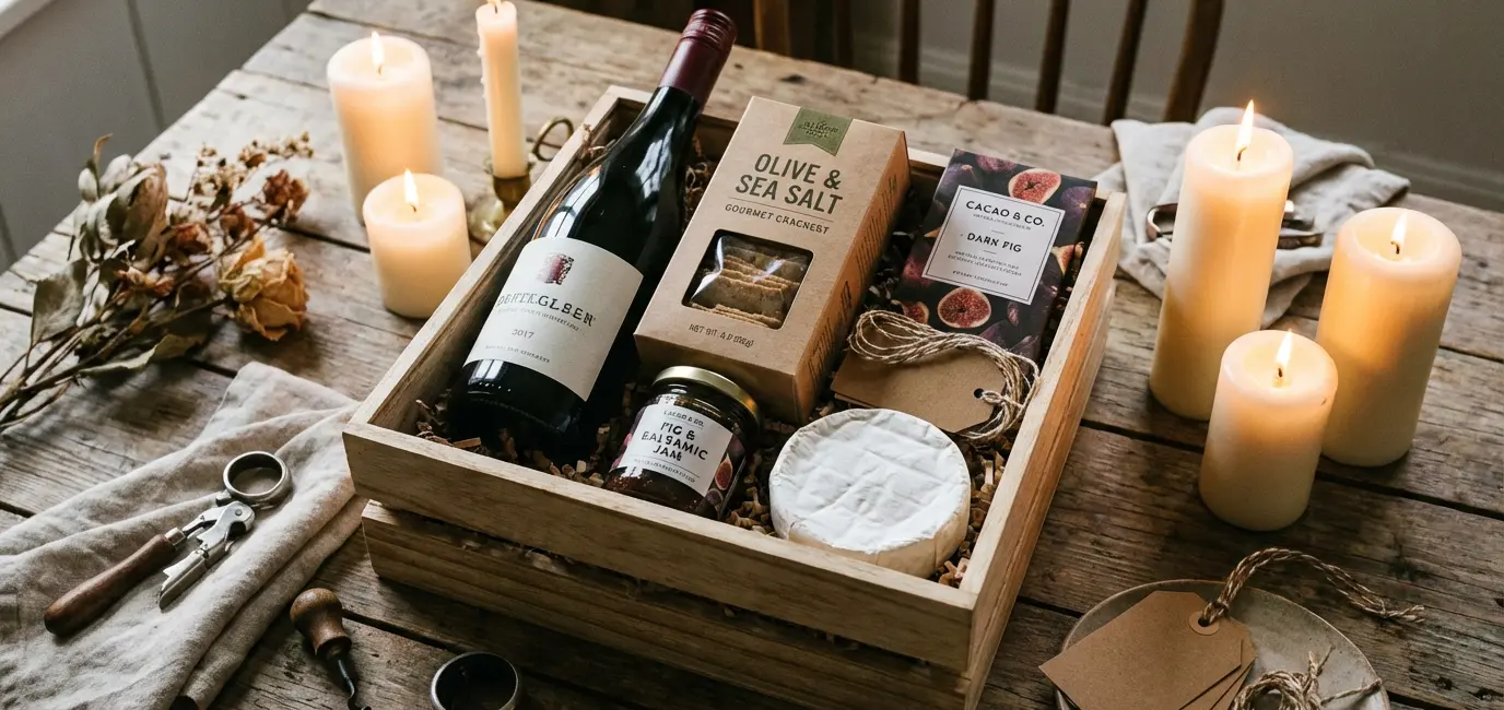 wine lover gift basket with wine bottle gourmet crackers artisan chocolate fig jam and cheese in wooden crate