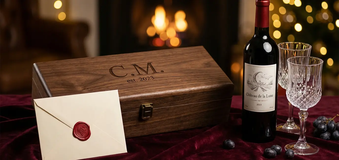 personalized wine lover gift with engraved wooden wine box wax sealed envelope red wine bottle and crystal glasses on velvet