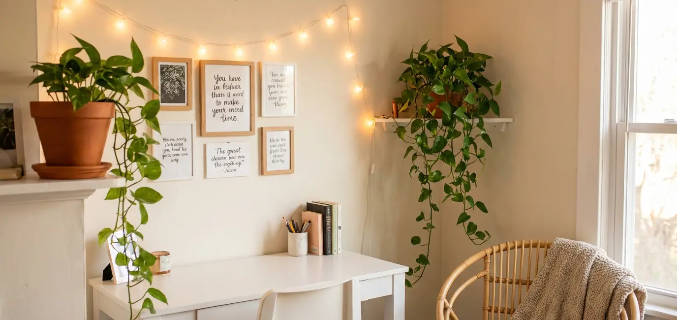 budget home office decor with simple white desk string lights gallery wall prints trailing pothos and rattan chair