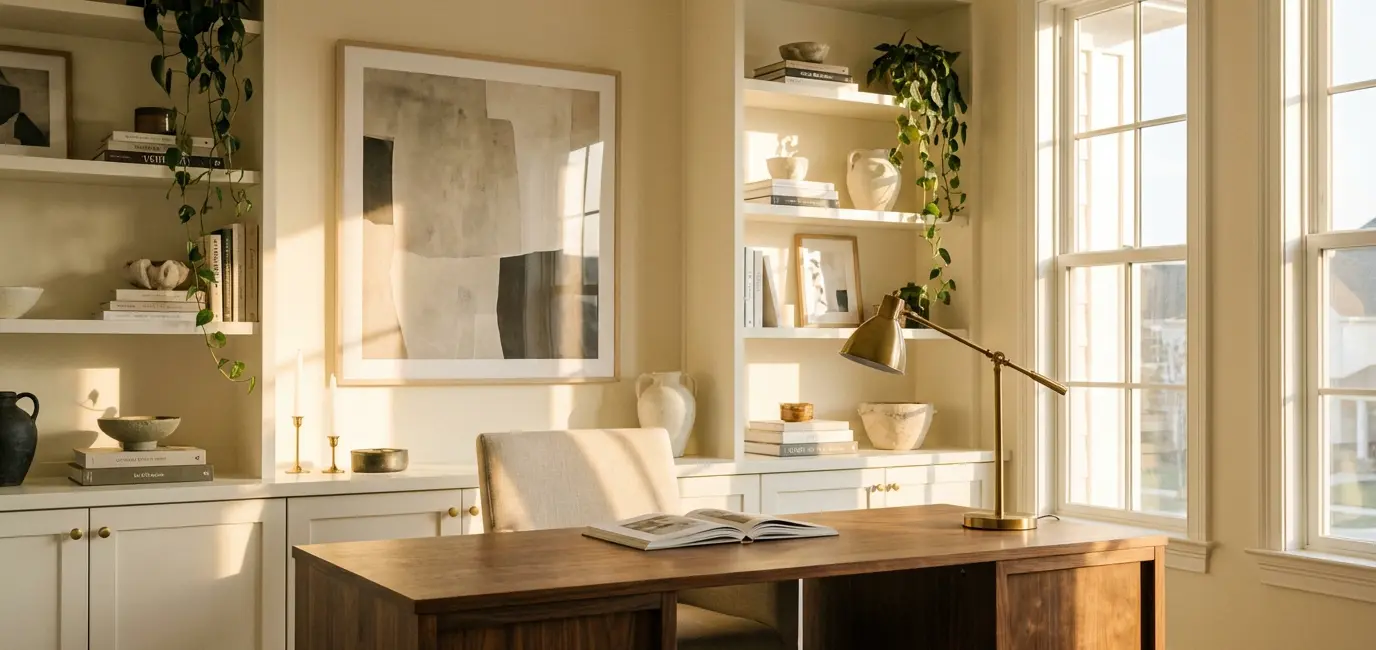 home office decor ideas with cream walls walnut desk brass lamp built-in shelves and linen chair