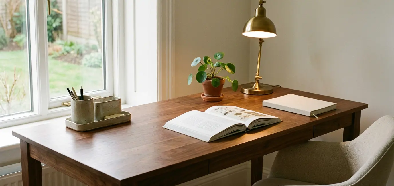 home office desk setup with walnut desk ceramic organiser potted plant brass task lamp and soft window light
