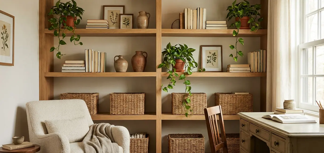 home office shelving and storage with white floating shelves styled books botanical prints ceramic vases and trailing pothos