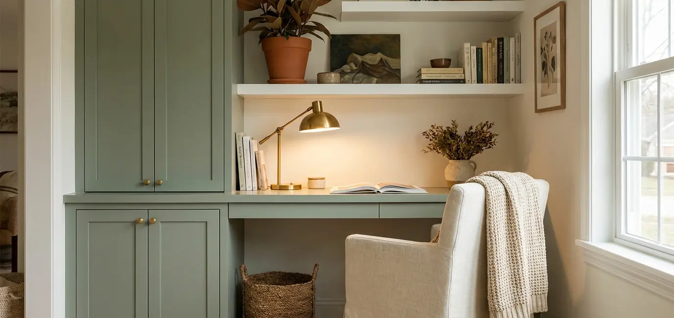 small home office decor in corner nook with sage green painted cabinets white floating shelves and cream linen chair