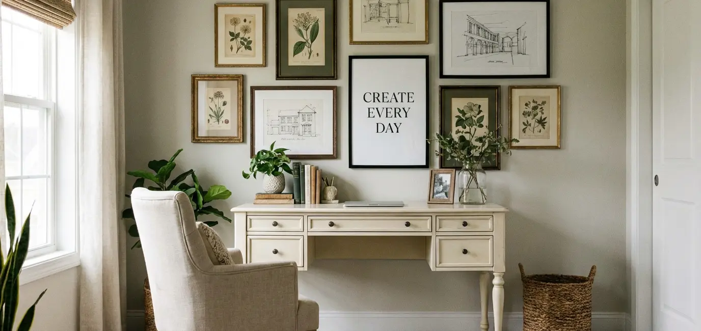 home office wall decor gallery wall with botanical prints architectural sketches and motivational quote above cream desk