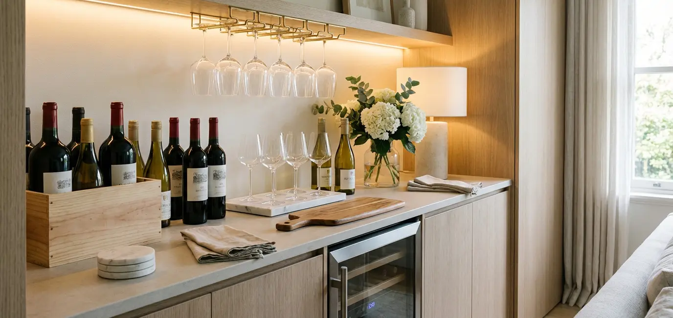 how to set up a wine bar at home with elegant bottles and glassware on a sideboard