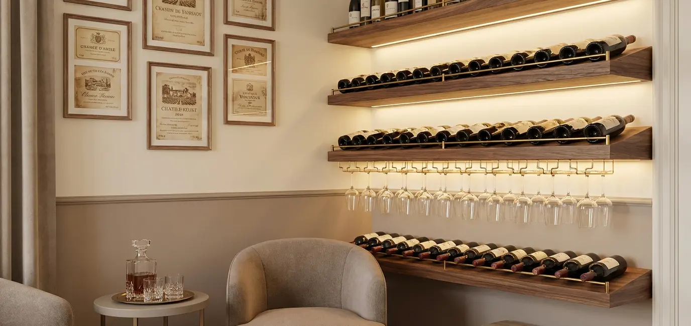 home wine bar with wall-mounted wine rack and stemware display