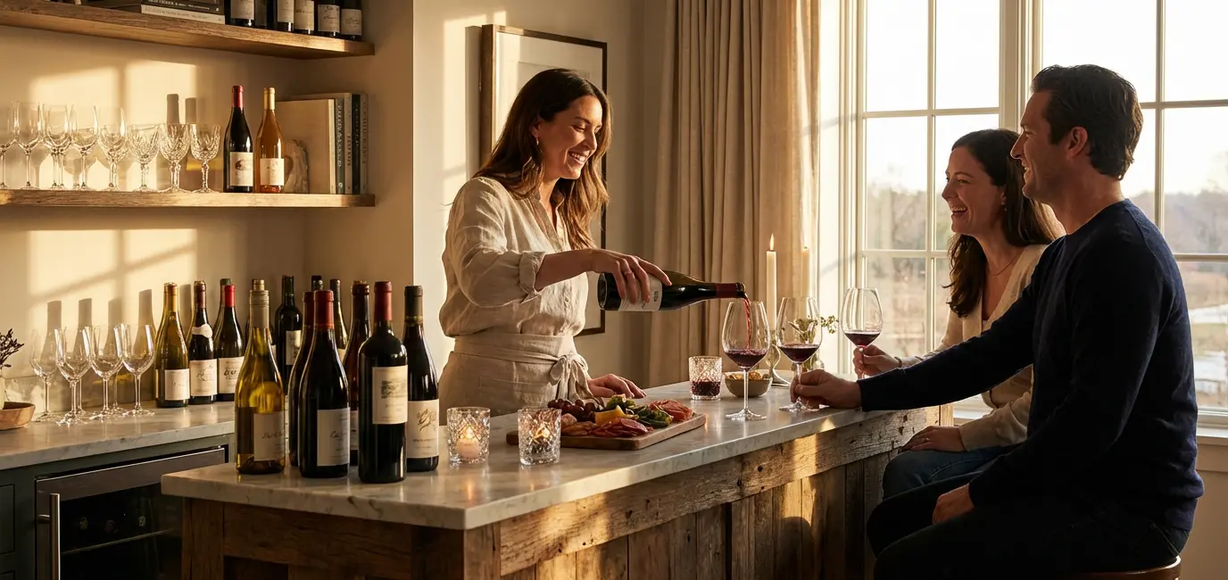 hosting guests at a beautifully set up home wine bar