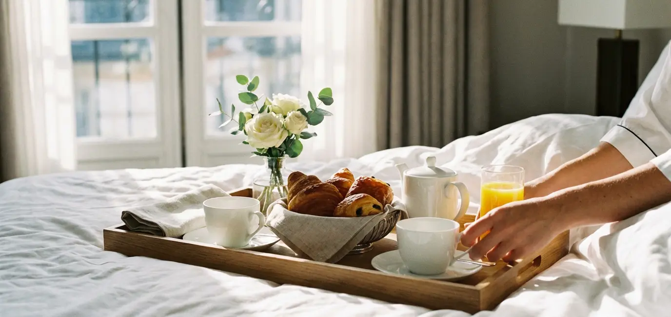 hotel room breakfast tray setup at home with pastries coffee and fresh flowers