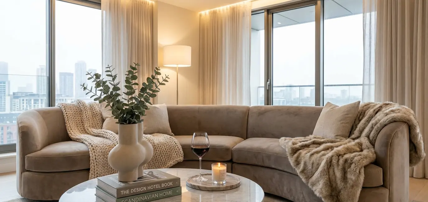 hotel style living room with neutral velvet sofa layered throws and marble tray