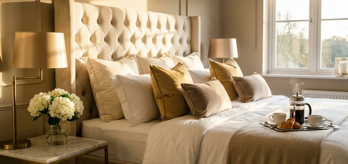 how to make your home feel like a luxury hotel with white linen bedroom and fresh flowers