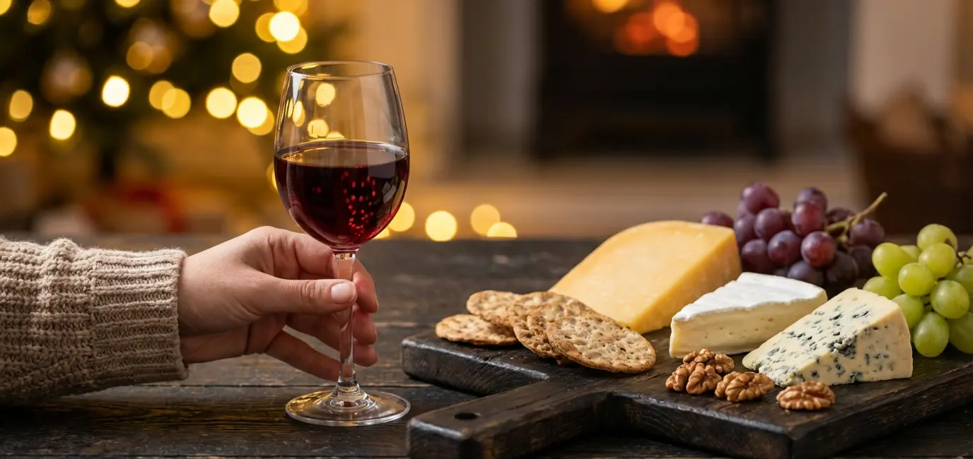 woman holding wine glass next to artisan cheese board with crackers and grapes