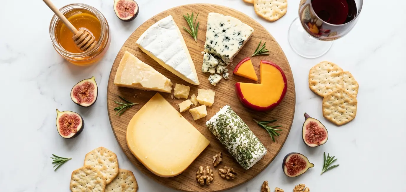 overhead flat lay of artisan cheese varieties with wine glass on white marble for pairing