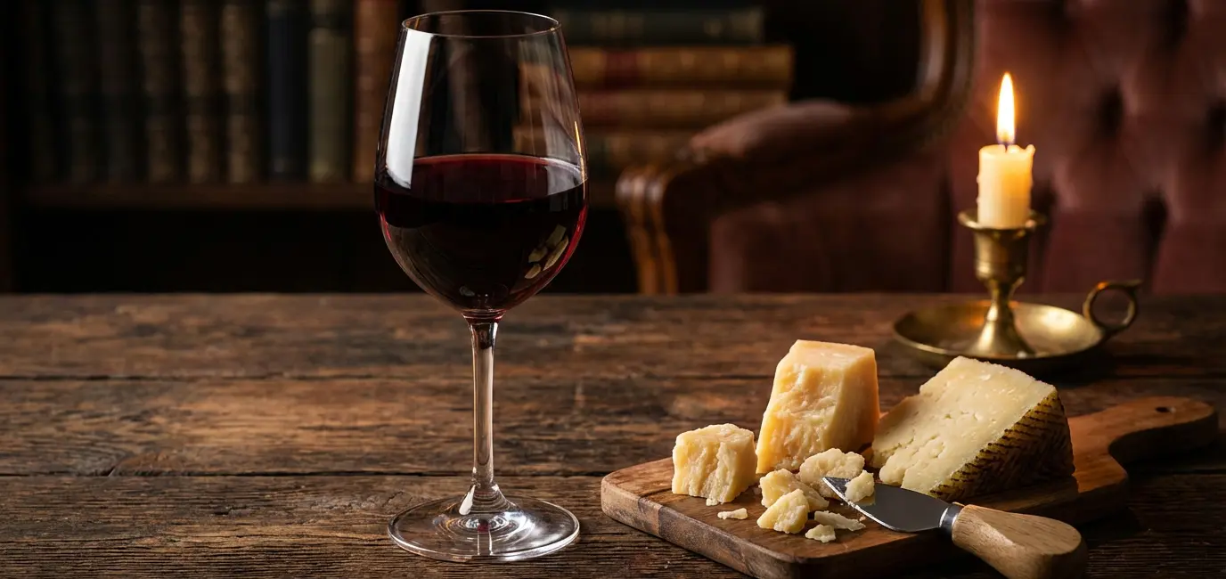 glass of rich red wine next to aged parmesan and manchego cheese on rustic wooden board
