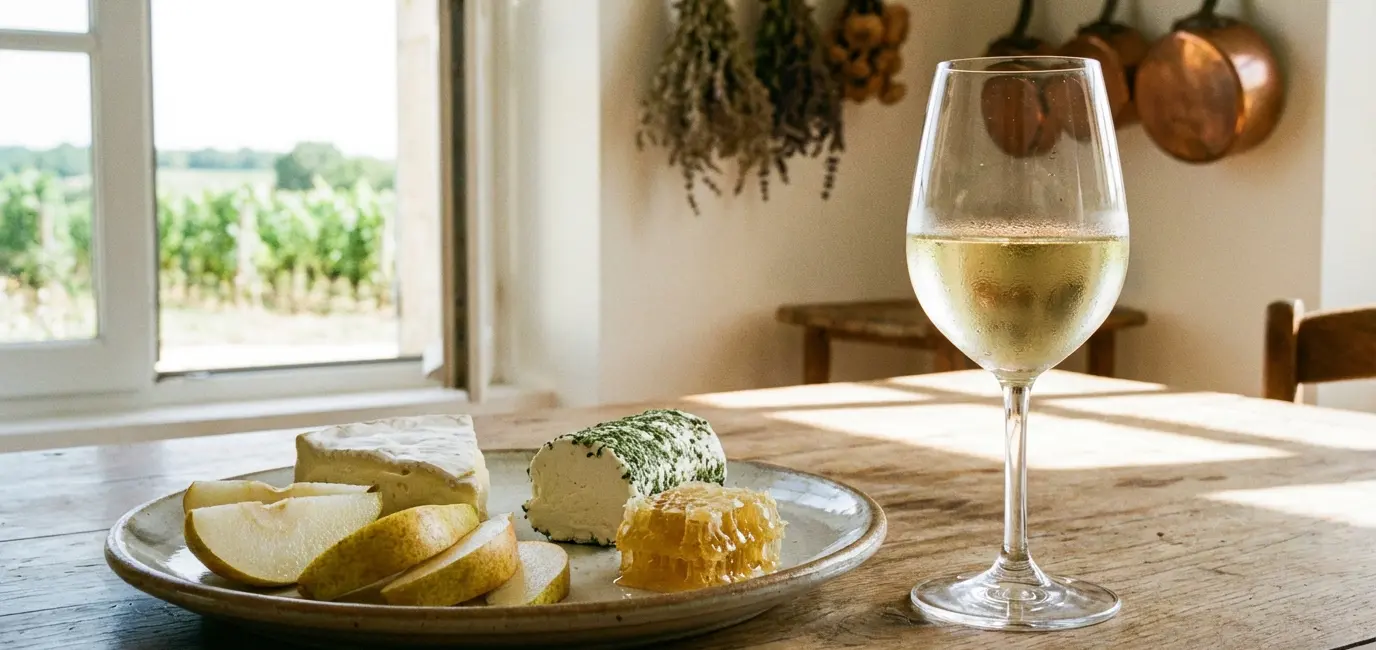 chilled white wine glass with brie and soft goat cheese on ceramic plate with pears and honey