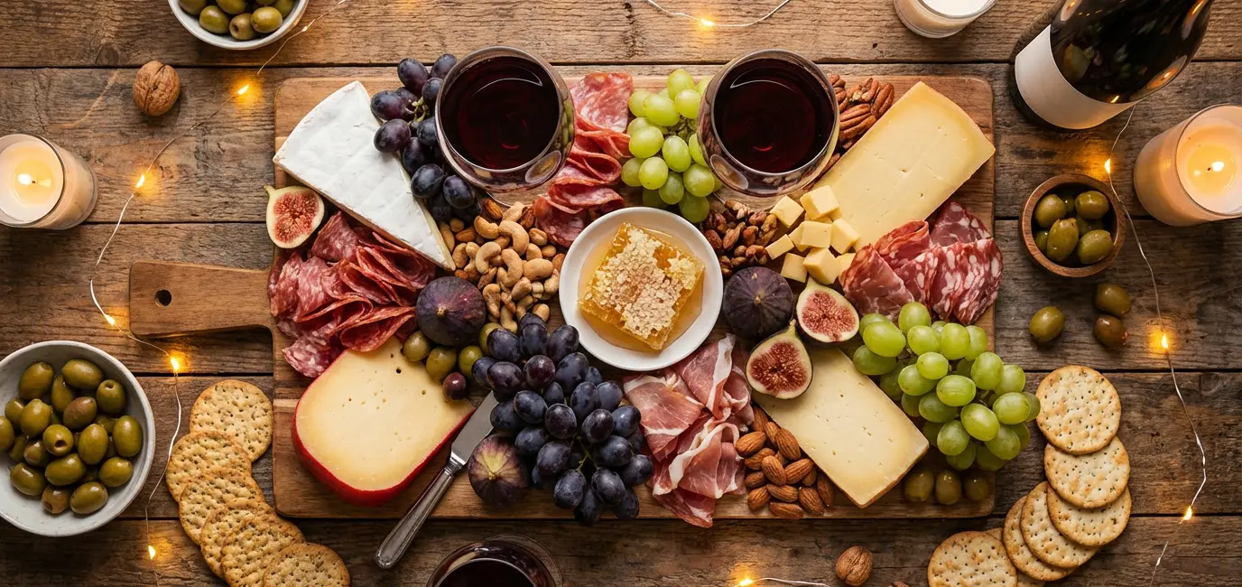 aerial view of styled wine and cheese board with charcuterie fruits and two wine glasses for entertaining