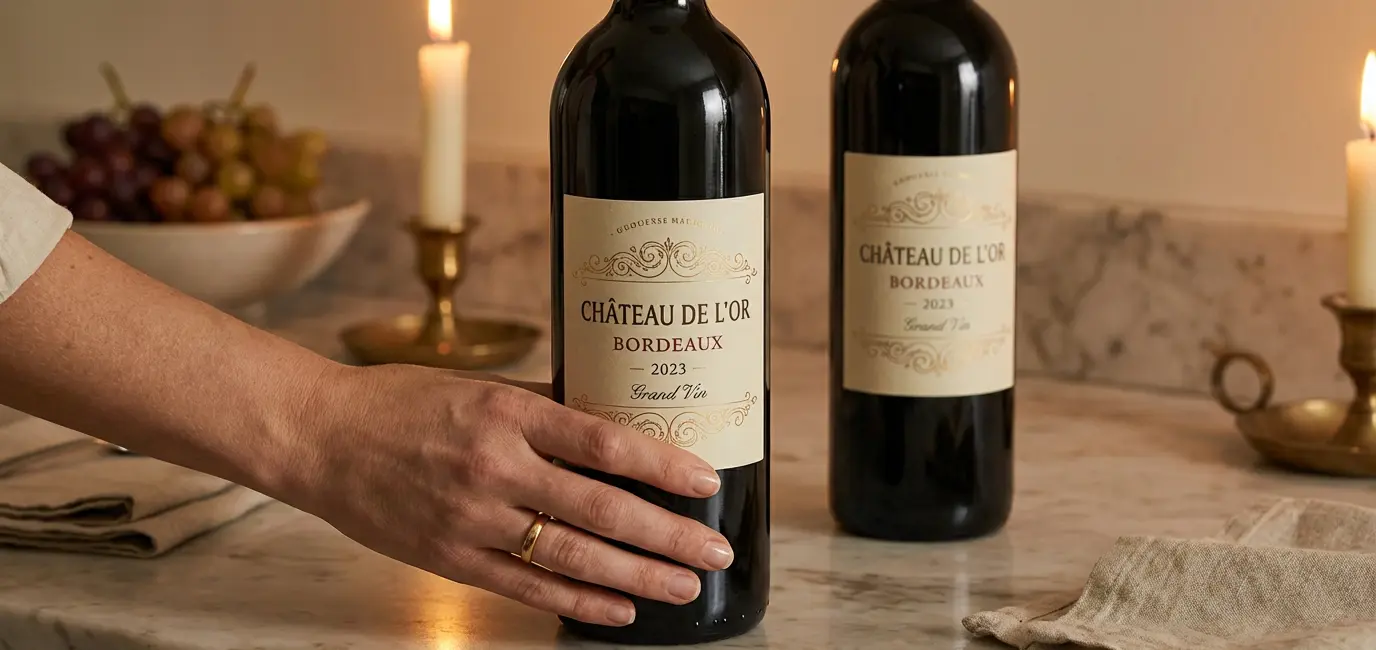 how to read a wine label for beginners with bottles on marble countertop