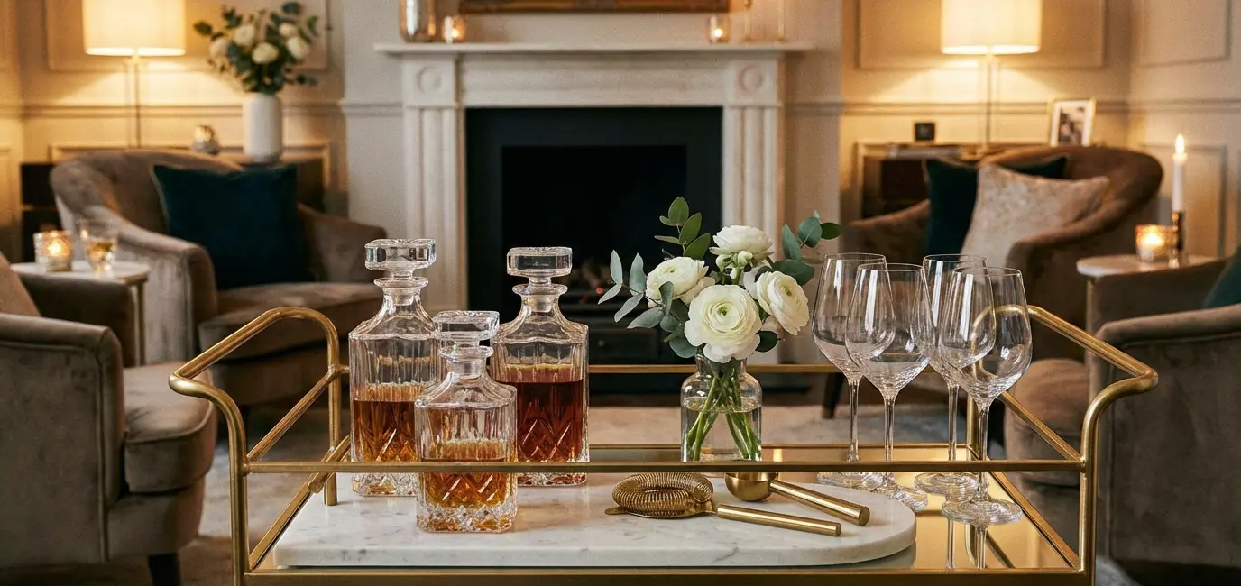 how to style a bar cart for entertaining - gold bar cart with crystal decanters wine glasses fresh flowers and cocktail tools