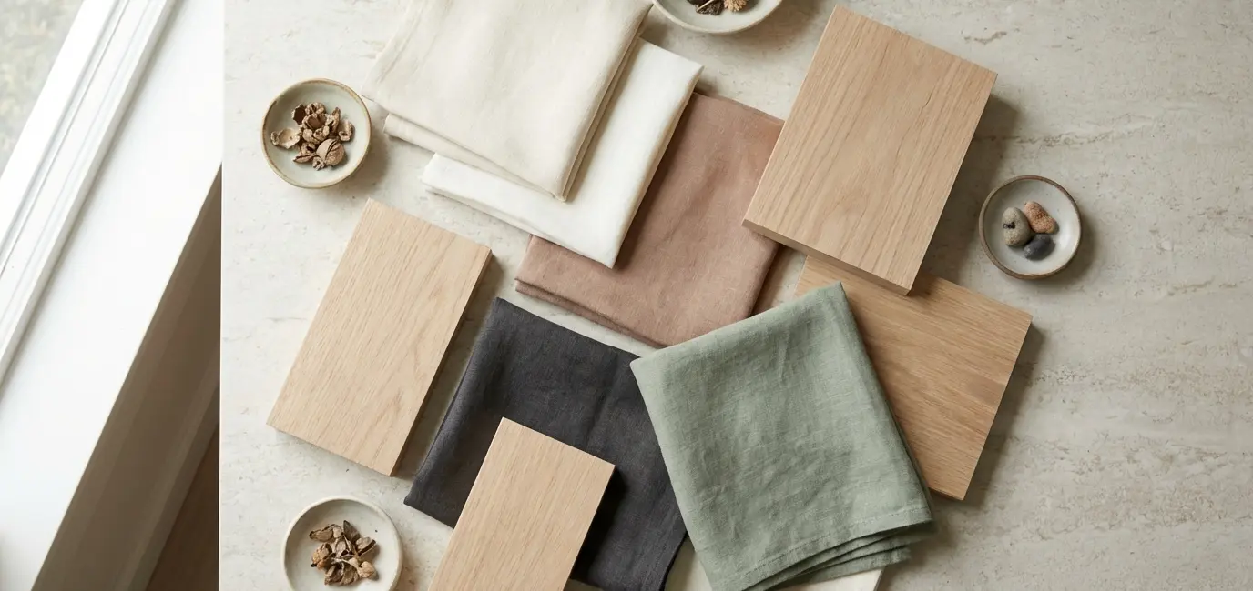 Japandi living room color palette with warm whites, clay beige and natural oak