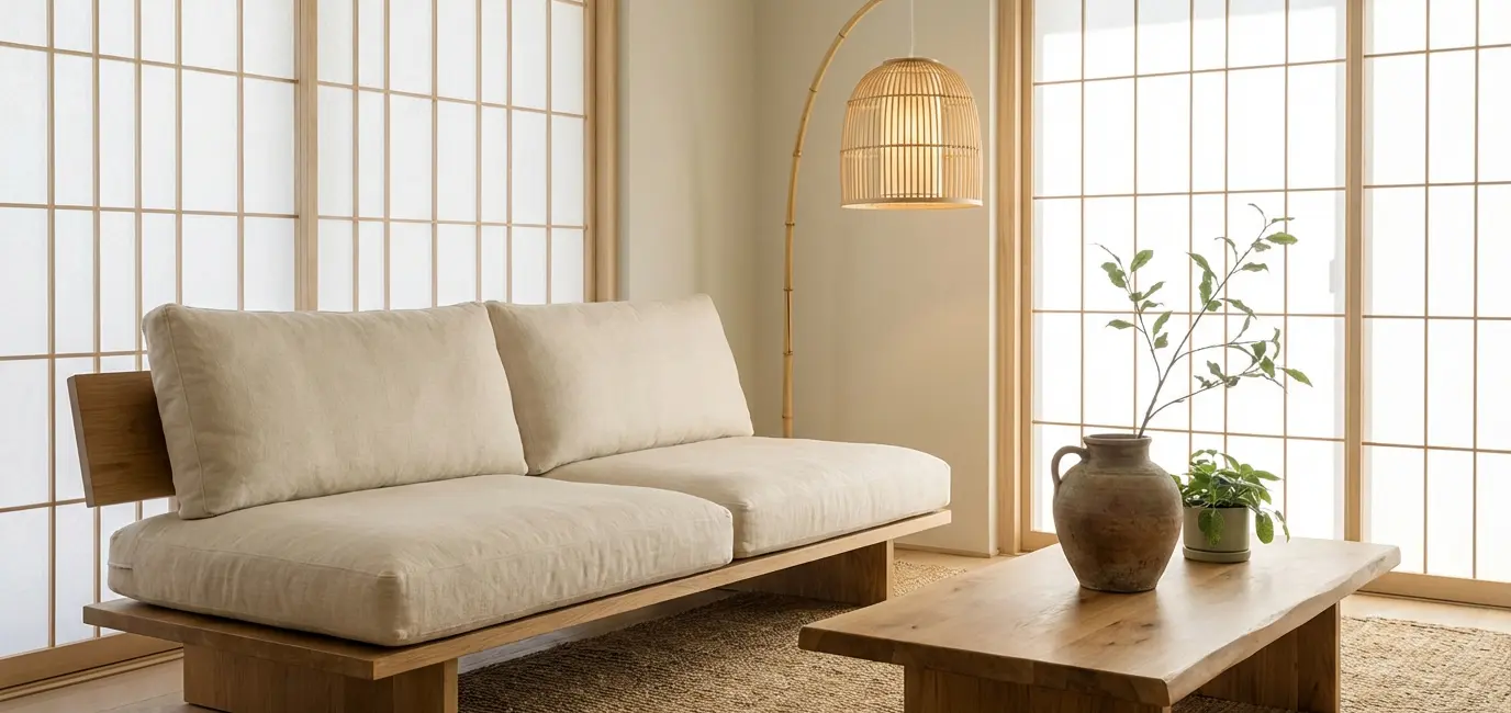 A serene Japandi living room with low wooden sofa and ceramic vase