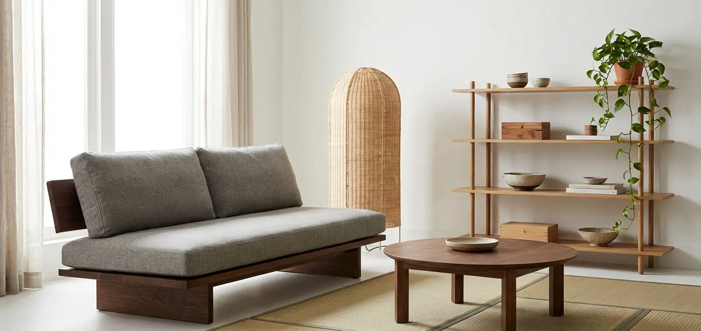 Japandi living room furniture layout with walnut sofa and rattan floor lamp