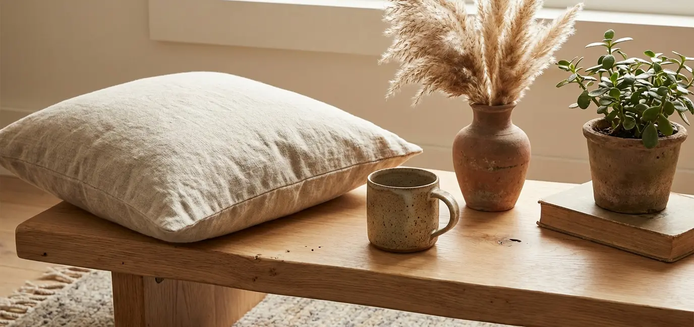 Japandi living room natural textures with linen pillow and dried pampas grass